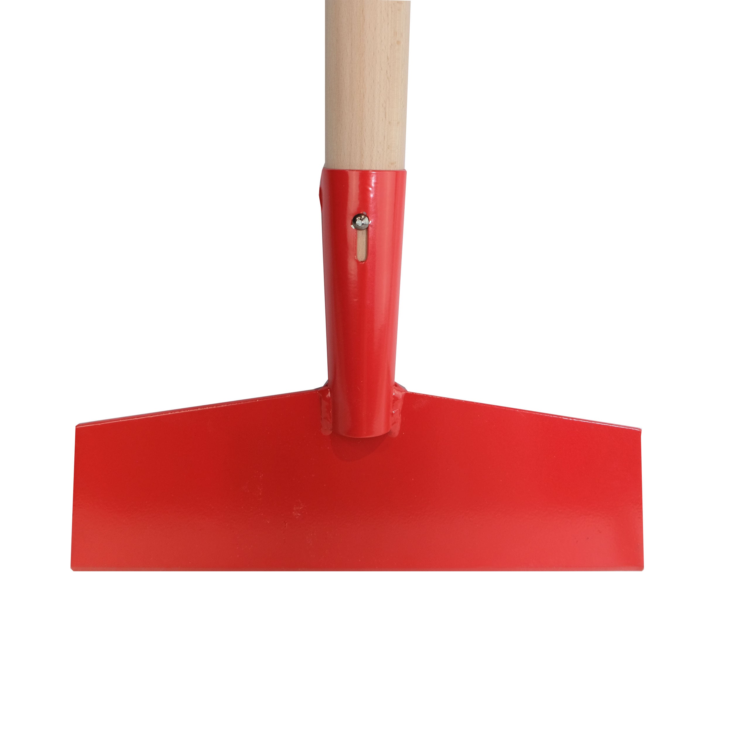 Detailansicht der Eisscharre – rotes Stahlblatt mit stabilem Stielansatz für effizientes Entfernen von Eis