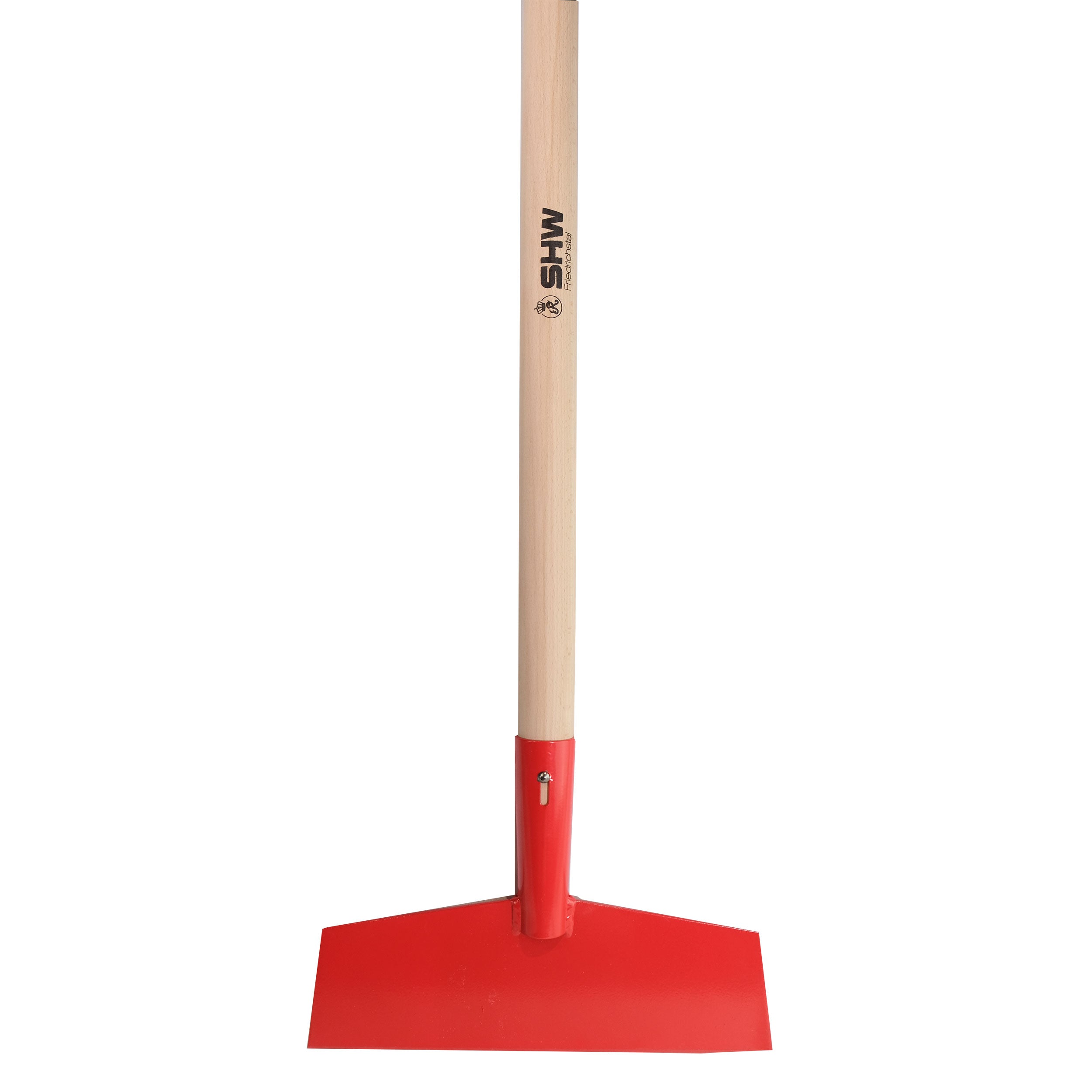 Eisscharre mit rotem Metallblatt und Holzstiel in Nahaufnahme – hochwertiges Werkzeug für Wintereinsatz